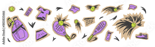 Padel tennis pencil drawn cutout stickers set. Racket, net, ball, sport cloth hand drawn collage icons isolated. Scribble sport equipment paper cut outs elements. Vector fitness illustration isolated.