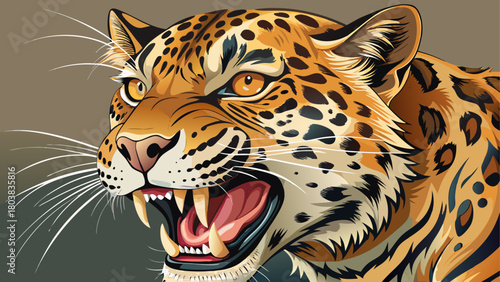 Close-up of a roaring leopard showing sharp teeth, detailed fur, and intense eyes in natural daylight