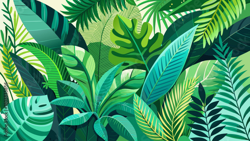 Layered tropical leaves with bold vein patterns, overlapping fern structures in a vibrant green botanical composition