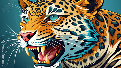 A photorealistic wildlife shot capturing a leopard with its mouth open, highlighting fine fur textures, whiskers, and sunlit details, conveying power and intensity