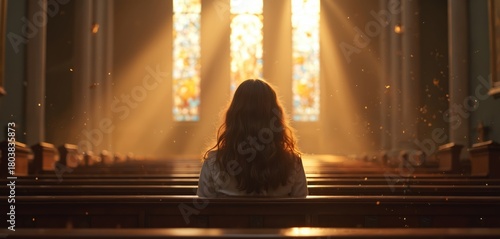 Rear view of a woman sitting on church bench. Sunlight comes through the stained glass window. Female alone looks at light. Prayer, religious solitude, hope and spirituality concept.