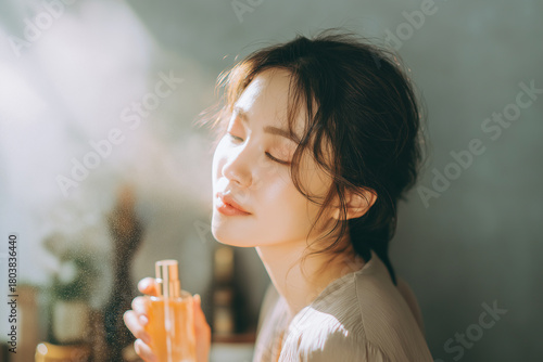 woman using fragrance mist in soft sunlight