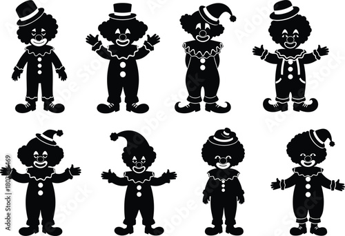 Black silhouette clown characters with hats, costumes, funny poses, circus entertainment design, cartoon illustration, flat vector