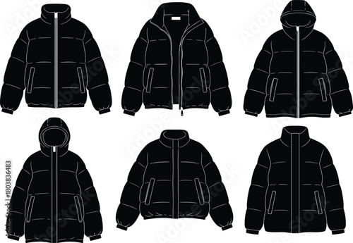 Black puffer jacket fashion flat vector, winter coat design set, stylish outerwear illustration, modern apparel collection