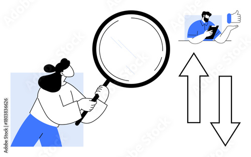 Woman examining with large magnifying glass, upward and downward arrows, man holding phone showing approval. Ideal for research, analytics, decision-making, feedback, investigation, observation