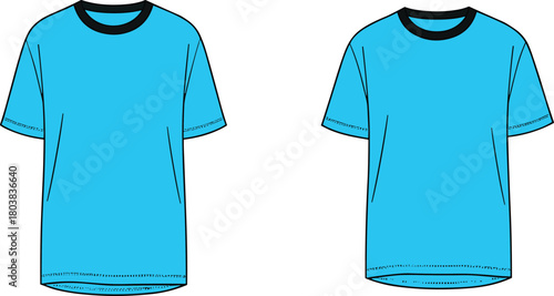 Blue T shirt illustration, short sleeve apparel with straight and curved hemline design, casual clothing flat vector