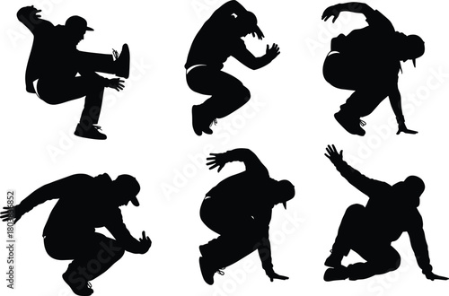 Breakdancer silhouettes performing hip hop moves, street dance poses, urban culture energy, athletic illustration, flat vector