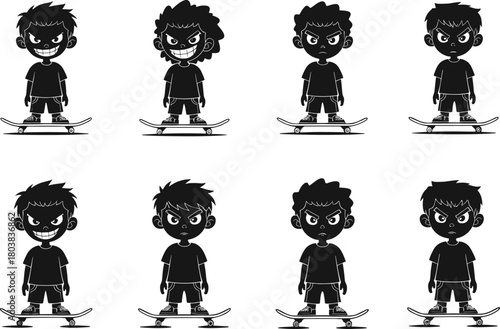 Boys on skateboards in cartoon style with hairstyles, expressions, street culture, sports activity flat vector