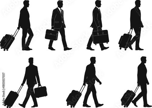 Business people silhouettes walking with luggage, corporate travel, commuting professionals, airport journey, flat vector illustration