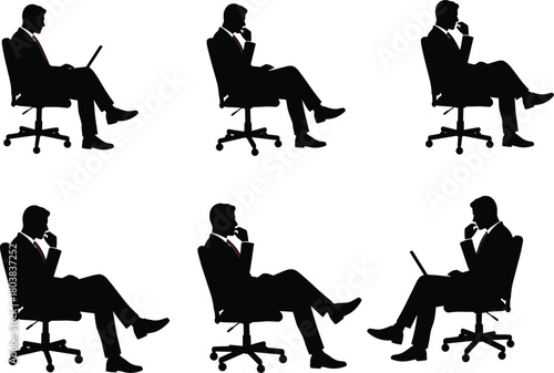Business professional sitting on office chair, laptop work, thinking pose, productivity, workplace decision making, leadership, flat vector