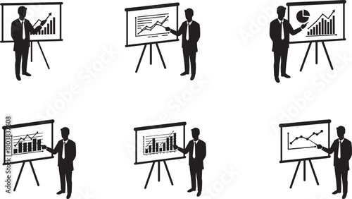 Business professionals presenting data on charts, graphs, corporate analysis, leadership, workplace communication, teamwork strategy, flat vector