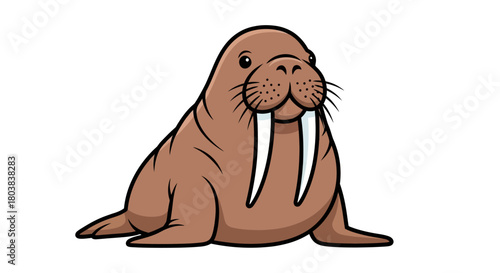 Friendly cartoon walrus illustration with large tusks, a cheerful and sturdy marine animal character, perfect for children's designs