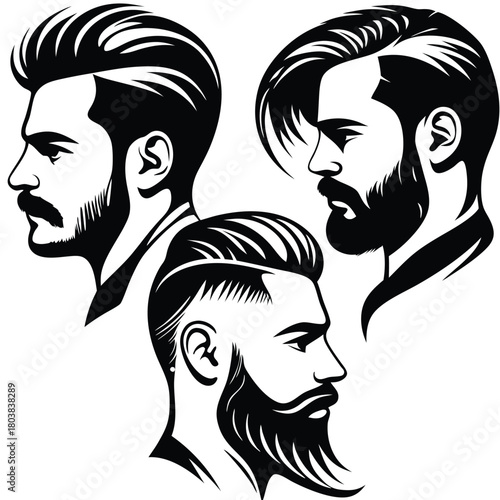 Three bearded men with stylish haircuts are depicted in black and white silhouettes