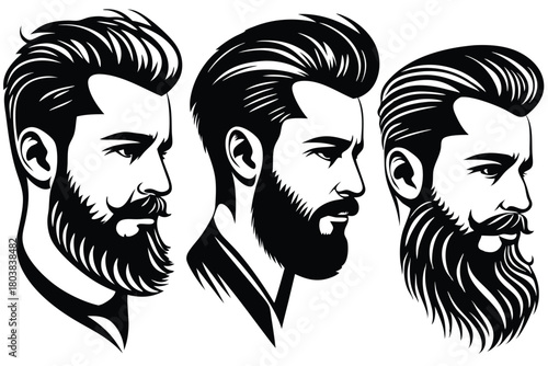 Three bearded men with stylish haircuts present distinct silhouettes in this monochromatic black and white image
