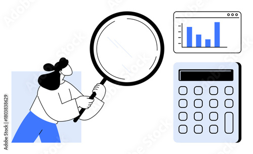Woman holds magnifying glass to examine data. Nearby, a bar chart and calculator suggest analytics, auditing, or calculations. Ideal for business, analytics, finance, research auditing