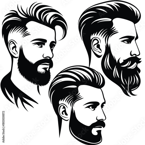 Three bearded stylish men are showcased in black and white portraits with different haircuts