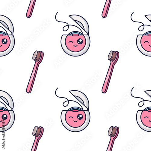Kawaii dental floss character, pink toothbrush seamless pattern. Pediatric dentistry concept. Doodle style dental floss texture isolated on white. Oral hygiene concept. Dental cleaning tool