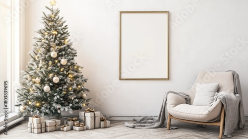 Cozy modern living room with Christmas tree white ornaments gifts and soft beige armchair near window