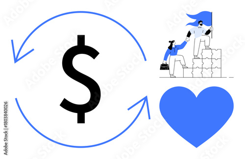 Dollar sign with arrows symbolizing financial flow, individuals climbing together showing teamwork and support, blue heart for compassion. Ideal for economics, teamwork, charity, growth