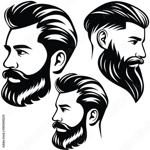 Three blackandwhite depictions show men with distinctive beard styles in profile poses