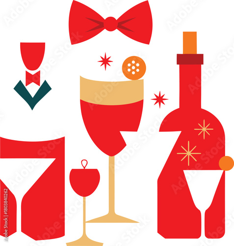 Vector set of assorted wine glasses, champagne flutes, cocktail, and beer glasses for restaurant icons