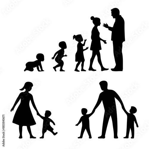 Family life stages from baby to adult silhouettes