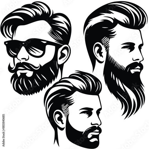 Three distinct black and white bearded man portraits showcase varied hairstyles and facial hair