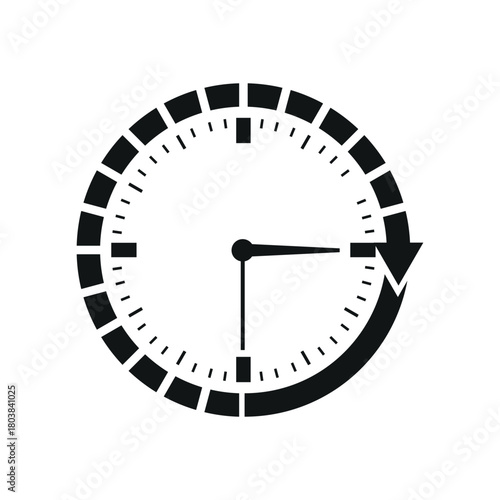 A black and white clock with an arrow indicating time passing and a quarter past the hour shown
