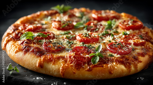 A close up of a pizza with tomatoes and basil on a dark background plate