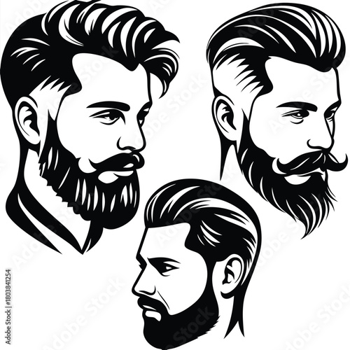 Three distinct black and white beards are shown in a stylish monochrome manner