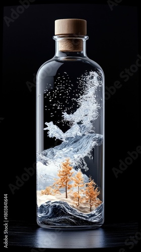 A clear glass bottle with a cork stopper contains a miniature landscape featuring trees, sand, and dynamic water splashes.