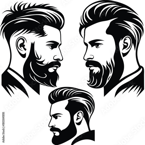 Three handsome bearded men display sophisticated hairstyle in side profile monochrome silhouette art