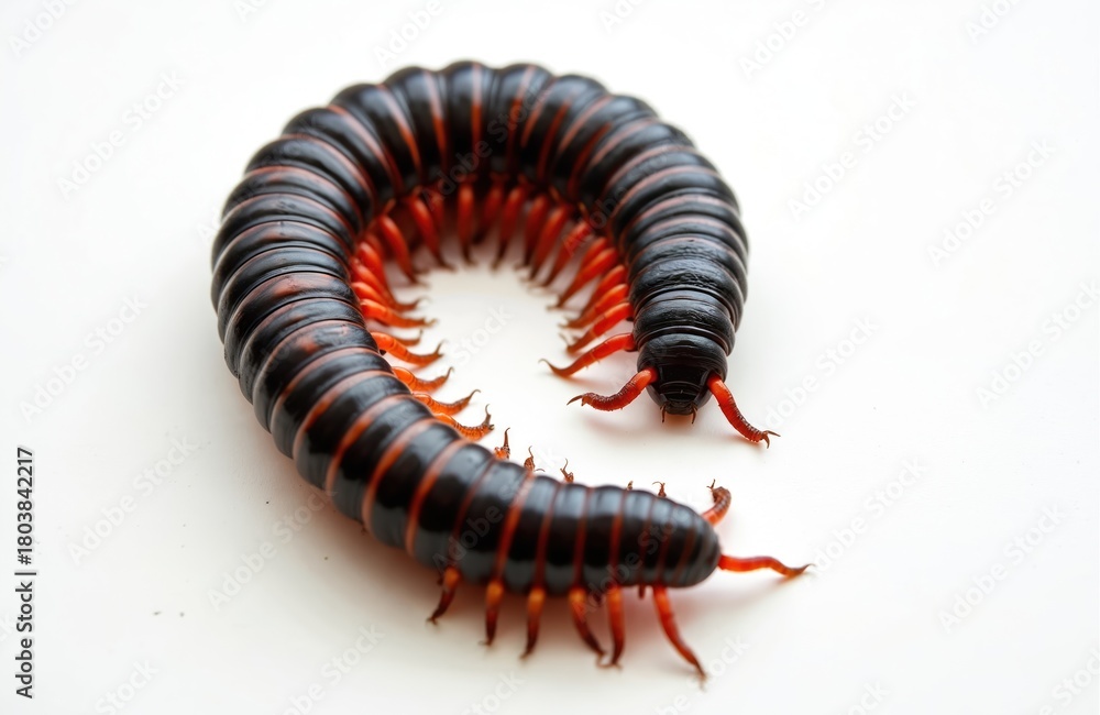 Obraz premium Giant millipede insect with many legs curls up on white background. Close-up of dark segmented arthropod with orange legs, exploring its environment. Detailed view of invertebrate creature.