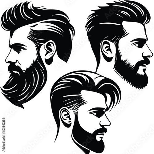 Three men with beards showcase trendy hairstyles in a black and white profile