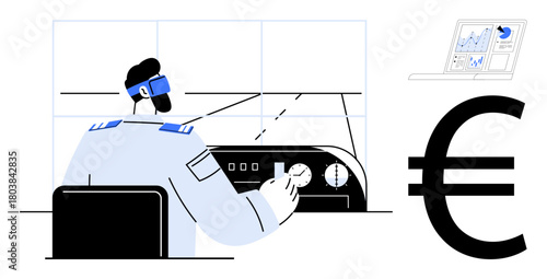 Pilot operating cockpit controls, data analysis on laptop, large euro sign. Ideal for aviation, finance, technology, leadership, decision-making global economy teamwork themes. Simple flat metaphor
