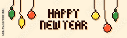 Pixel art banner with Happy New Year text and color garland.