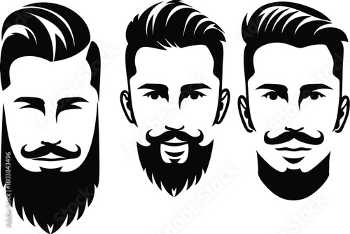 Three men's faces with various hairstyles, beards, and mustaches in black and white