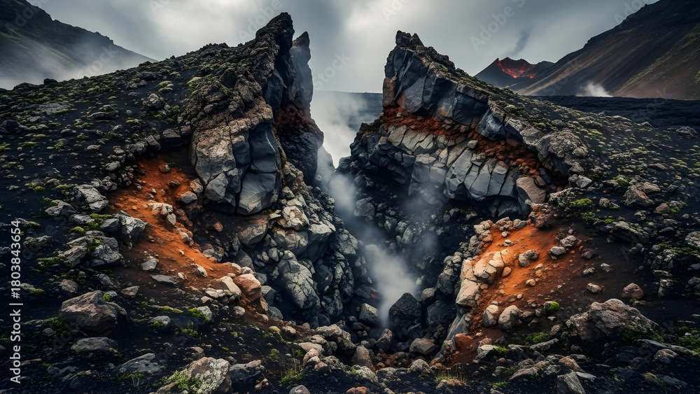 Obraz premium Dramatic volcanic landscape with glowing lava and steam