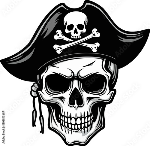 Black and White Pirate Skull with Bicorne Hat and Crossbones
