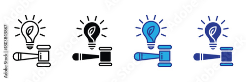 Concept of intellectual property law for new ideas, represented by a light bulb with a leaf inside and a judge's gavel, in various styles
