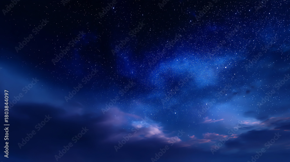 Fototapeta premium Starry night sky with bright stars and a faint Milky Way, partially covered by dark clouds creating a serene and captivating celestial view