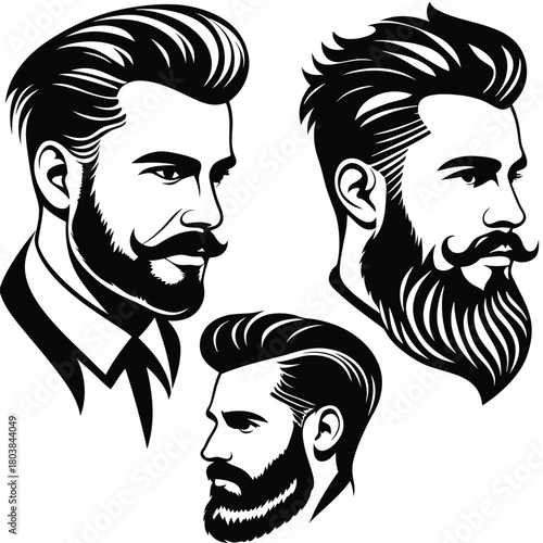 Three monochrome bearded men showcase distinct hairstyles and facial hair styling in stark profile views