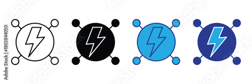 Set of four simple lightning bolt icons representing energy and power, isolated on white backgrounds.