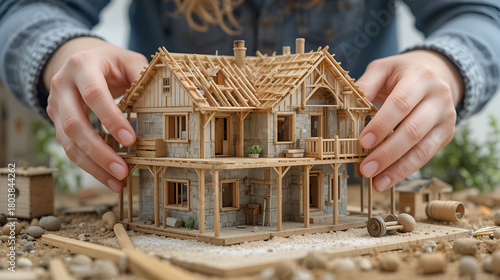 maison en construction en miniature tenu par des mains