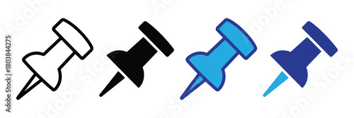 Collection of four pushpin icons in different styles and colors, representing stationery and office supplies for creative projects and organization.