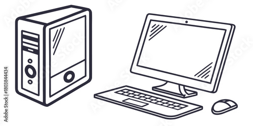 Illustration of a desktop computer setup including a tower monitor keyboard and mouse in black outline