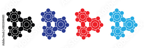 Abstract molecular structure clusters in black, blue, red, and cyan icons representing science, connection, and data flow on white background