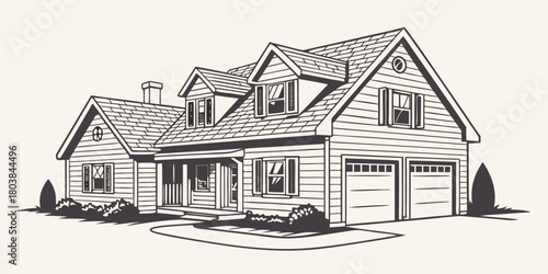 Illustration of a two story house with a garage and dormers and a chimney and landscaping