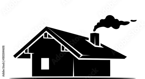 Cozy cottage with smoke billowing from chimney, inviting warmth