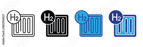 Hydrogen h2 fuel cell icon set representing clean energy storage, renewable power, and sustainable technology for automotive and industrial applications.